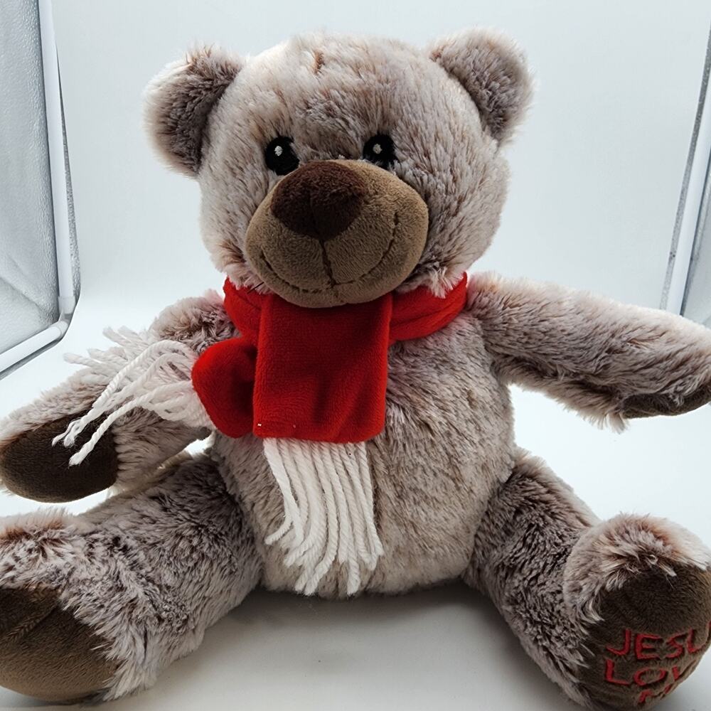 Fiesta Jesus Loves Me Bear Plush Stuffed Toy 10" Brown Fur Red Scarf Christian